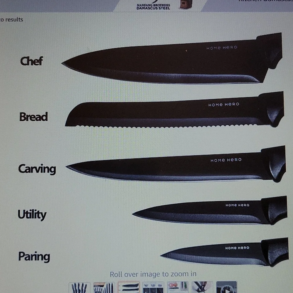 CHome Hero 5 pc kitchen black stainless knife set with clear acrylic stand New…